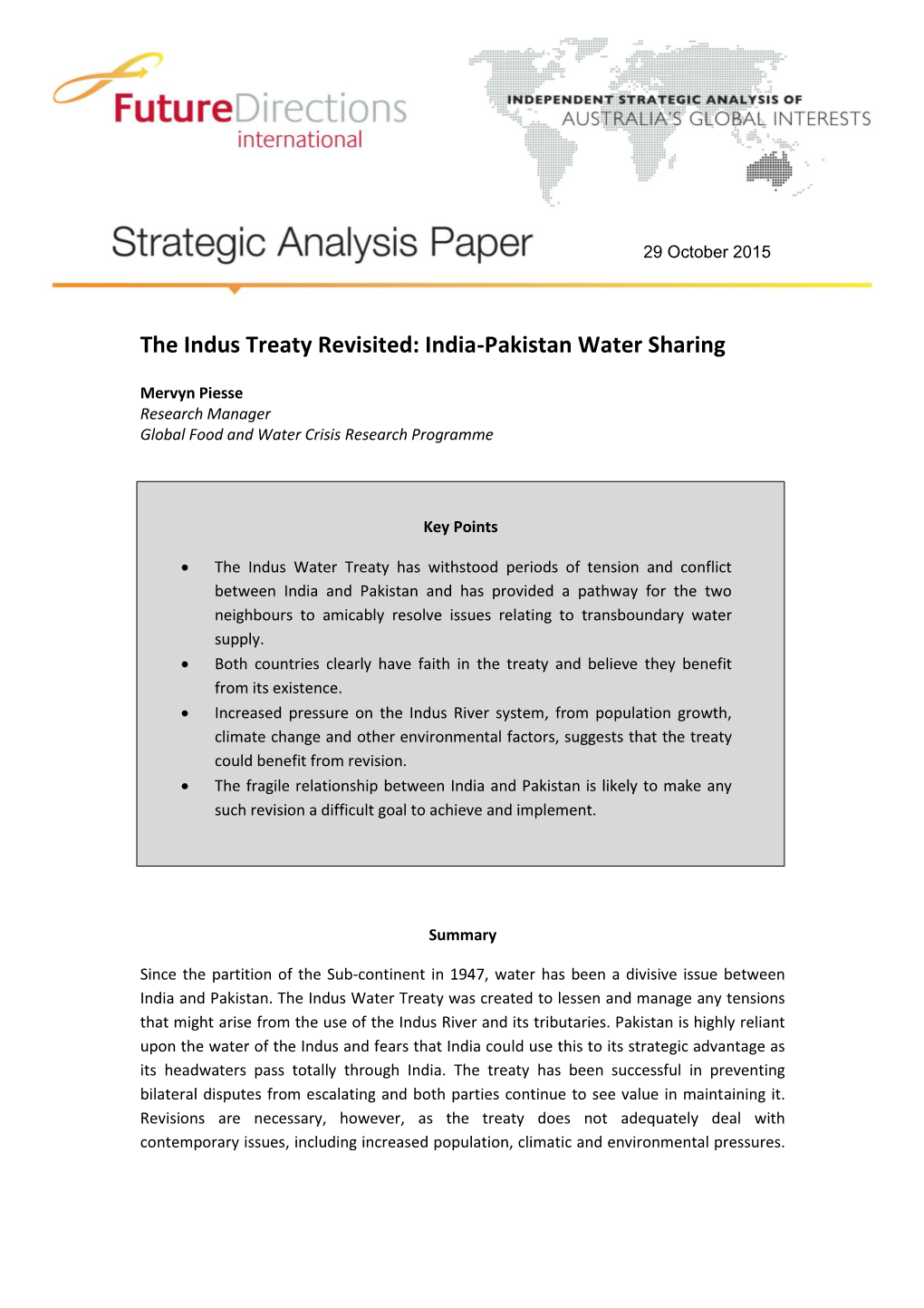 The Indus Treaty Revisited: India-Pakistan Water Sharing