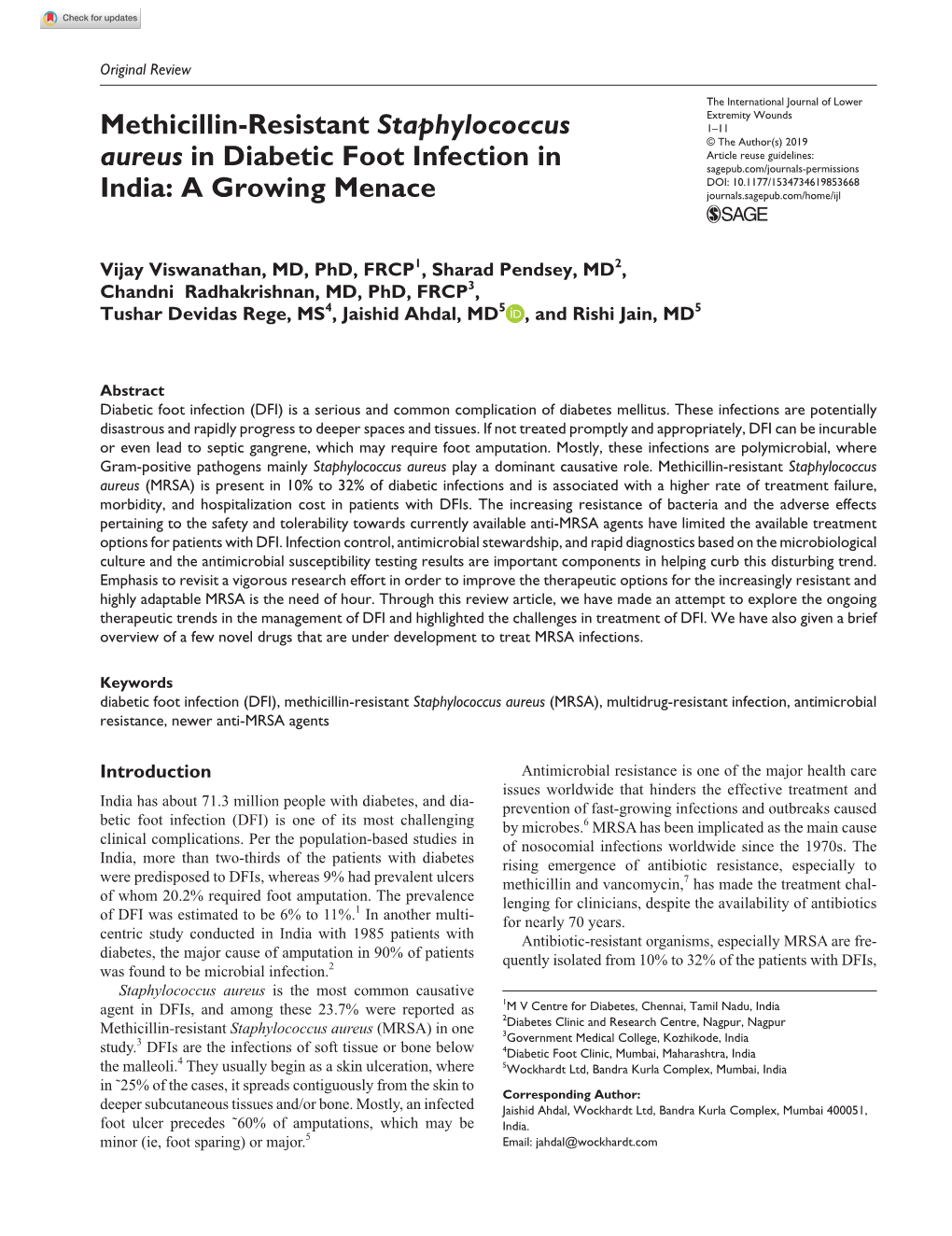 Methicillin-Resistant Staphylococcus Aureus in Diabetic Foot Infection In