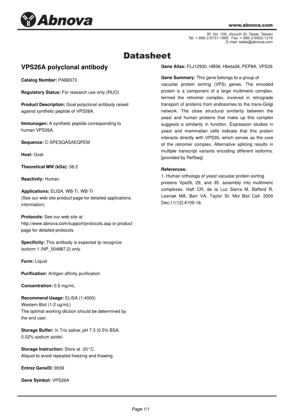 VPS26A Polyclonal Antibody Gene Alias: FLJ12930, HB58, Hbeta58, PEP8A, VPS26