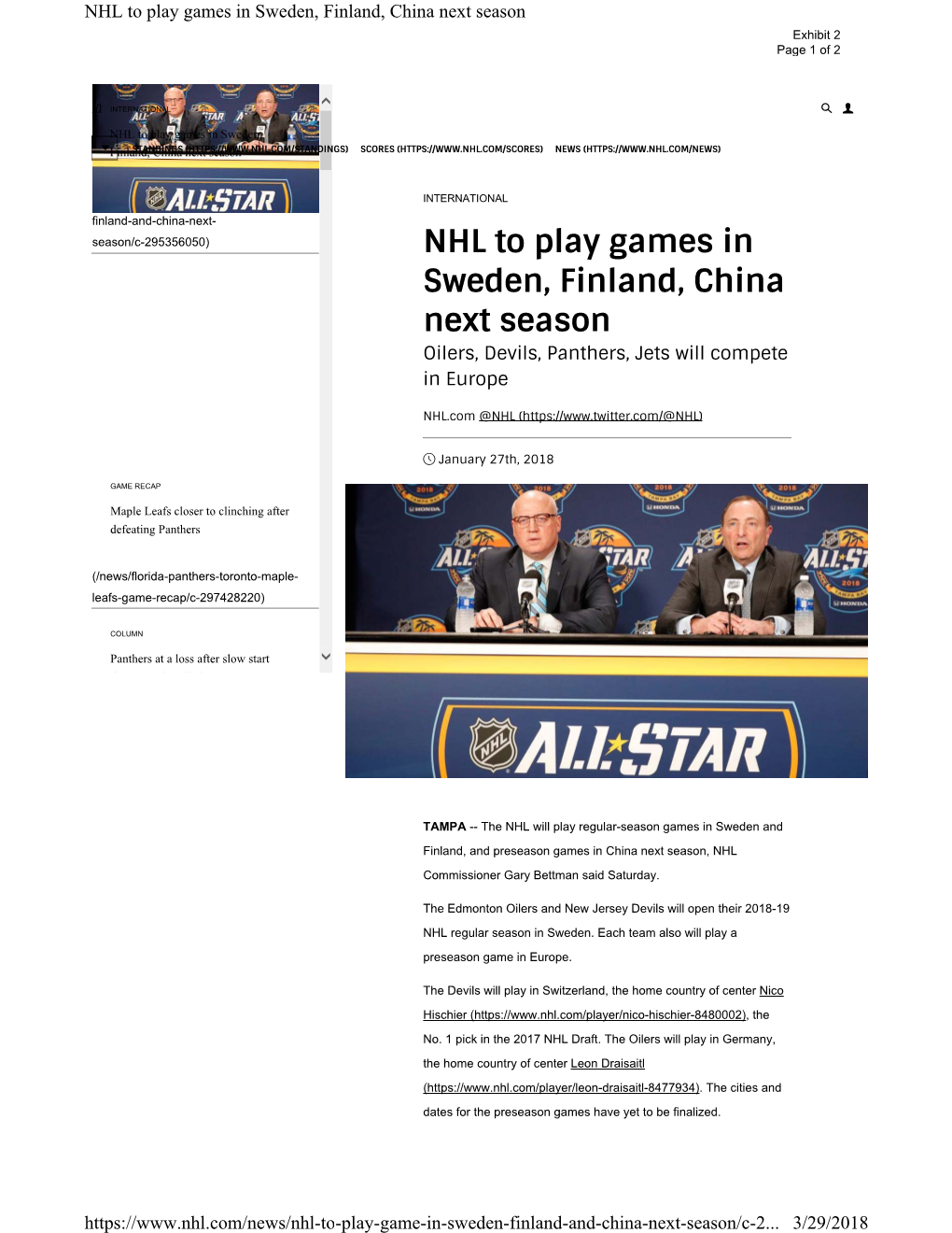 NHL to Play Games in Sweden, Finland, China Next Season Exhibit 2 Page 1 of 2