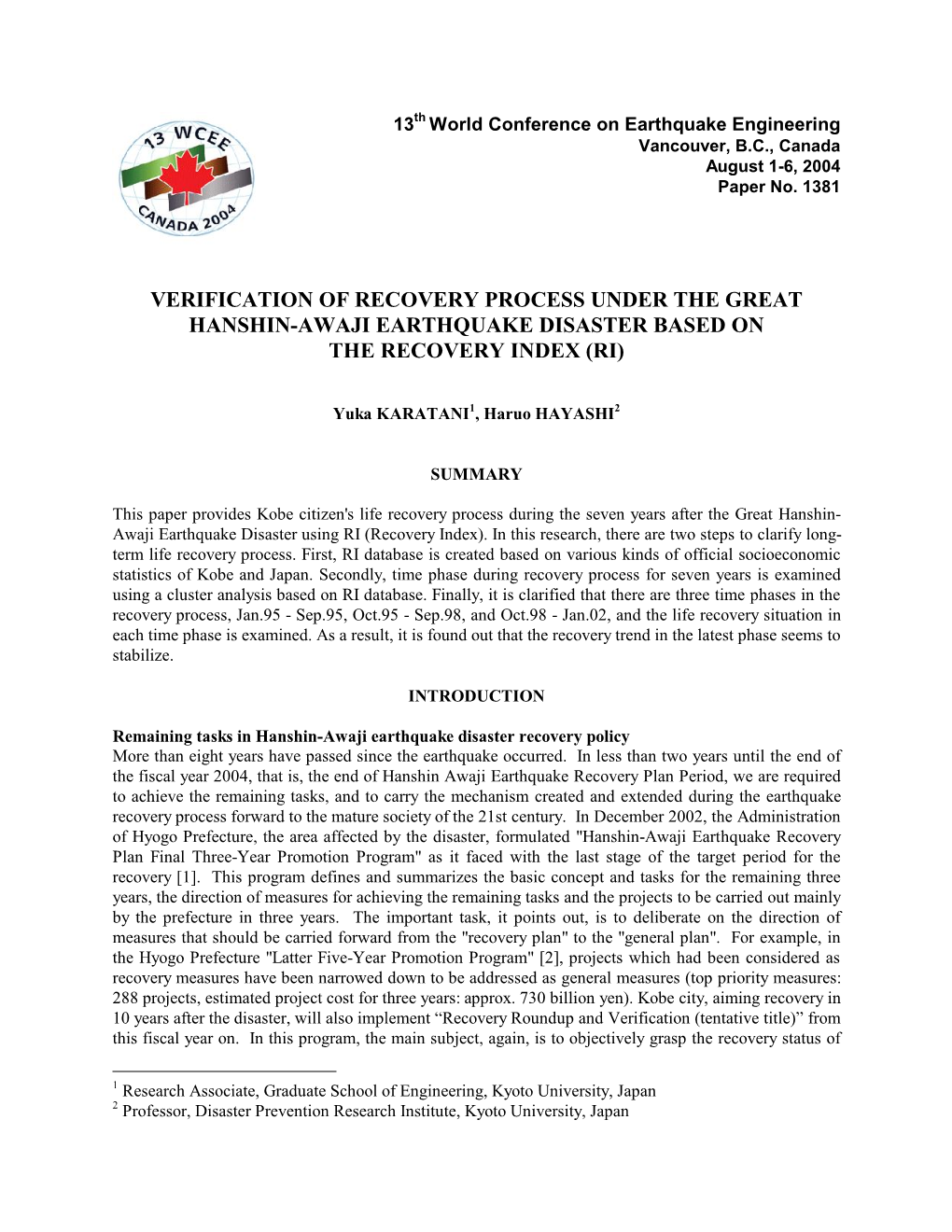 Verification of Recovery Process Under the Great Hanshin-Awaji Earthquake Disaster Based on the Recovery Index (Ri)