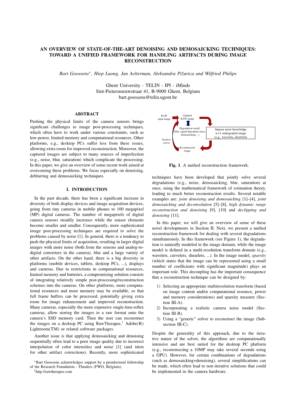 An Overview of State-Of-The-Art Denoising and Demosaicking Techniques: Toward a Unified Framework for Handling Artifacts During Image Reconstruction