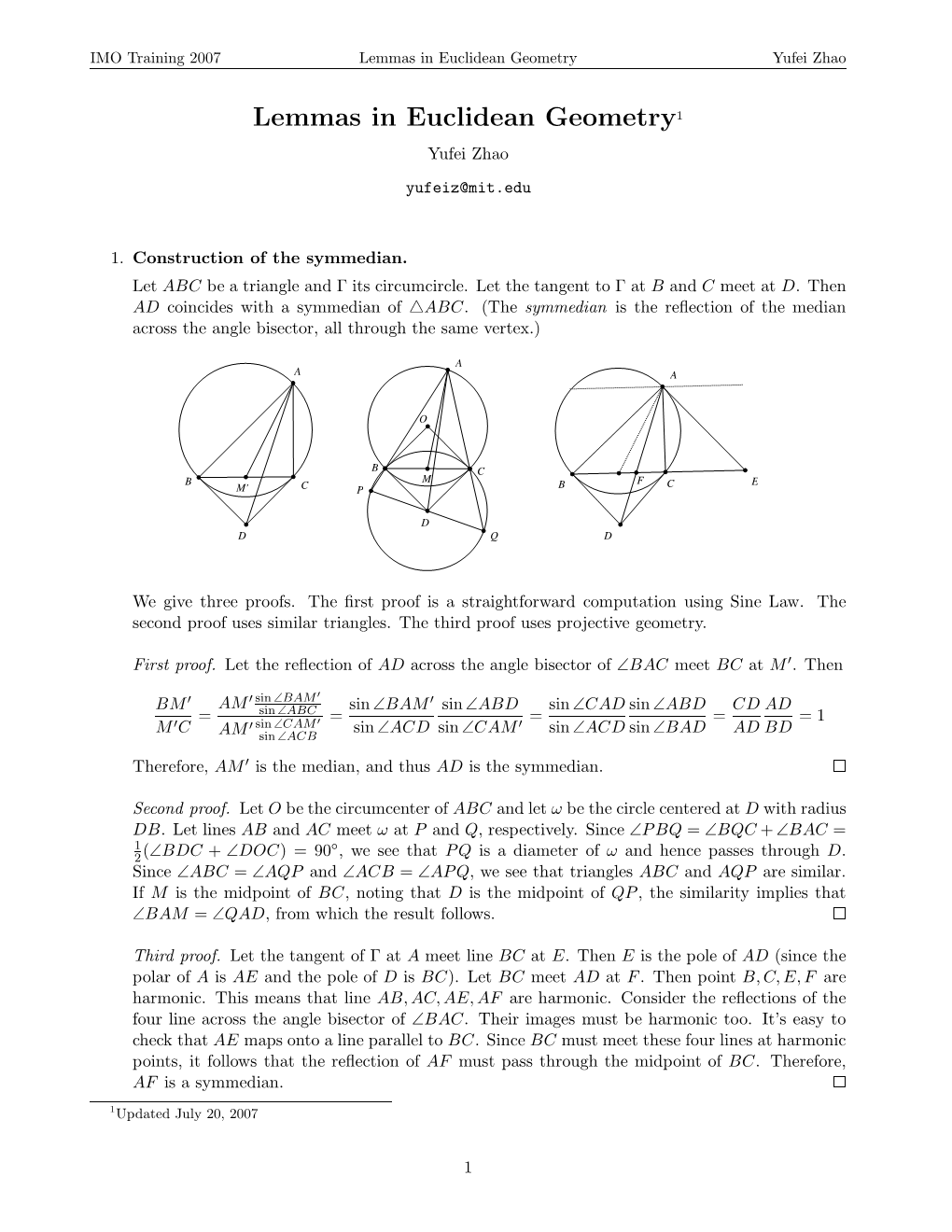 Lemmas in Euclidean Geometry1 Yufei Zhao Yufeiz@Mit.Edu