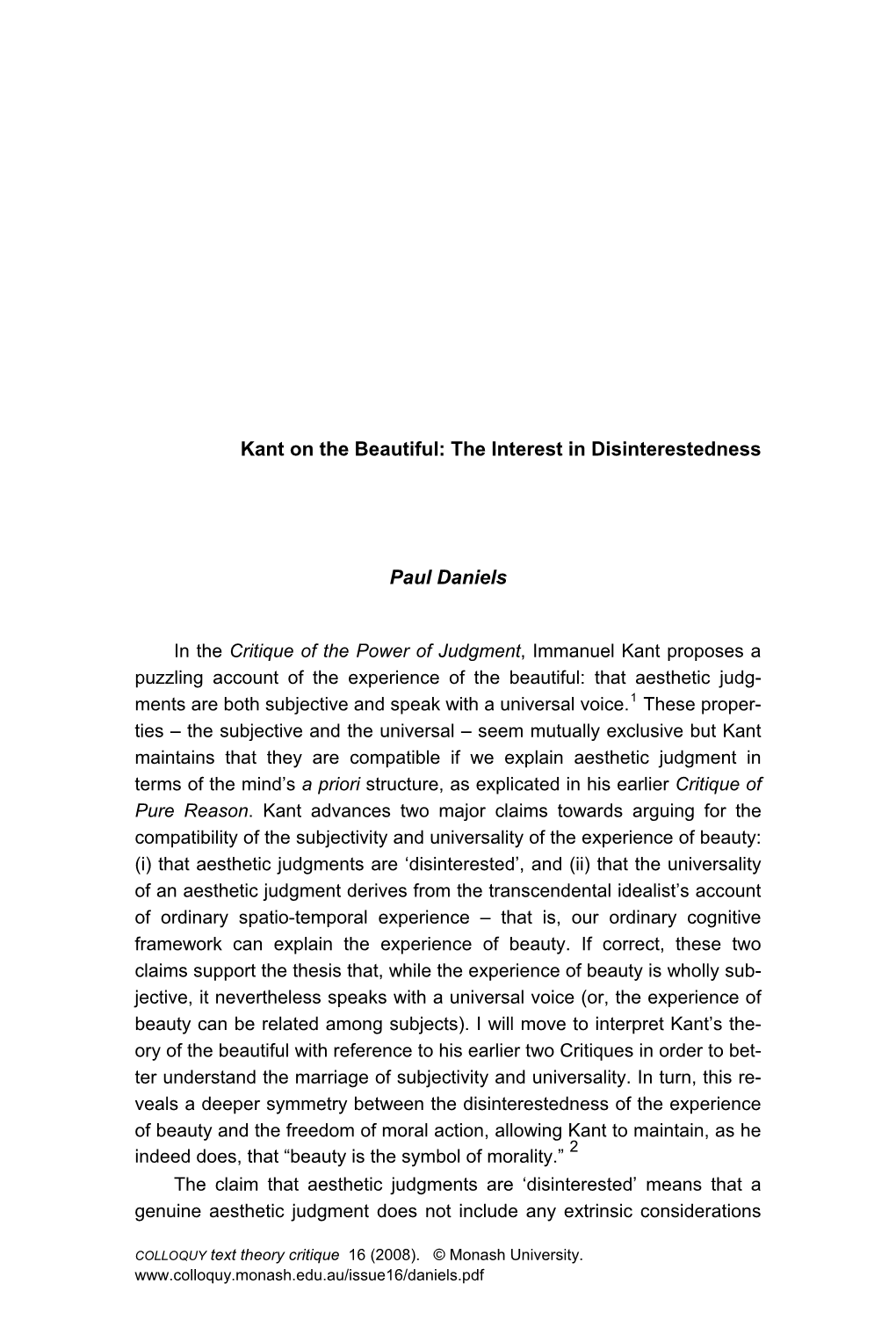 Kant on the Beautiful: the Interest in Disinterestedness