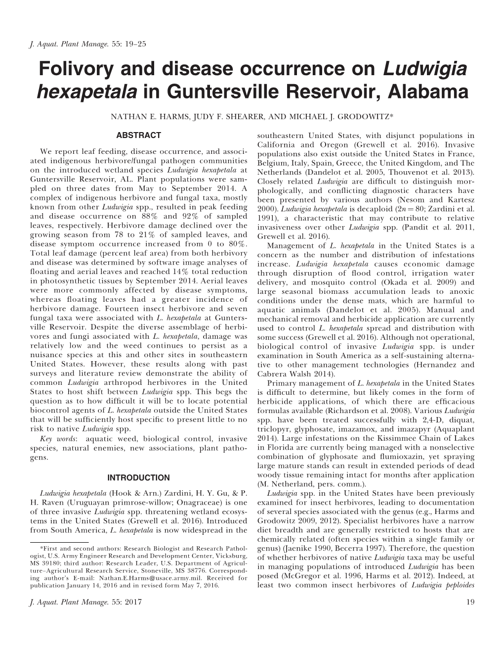 Folivory and Disease Occurrence on Ludwigia Hexapetala in Guntersville Reservoir, Alabama