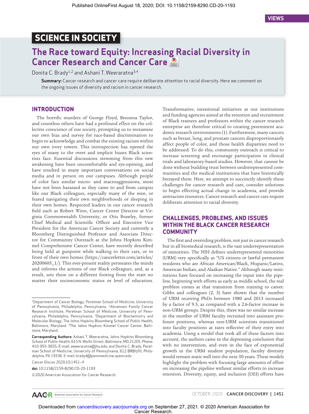 Increasing Racial Diversity in Cancer Research and Cancer Care Donita C