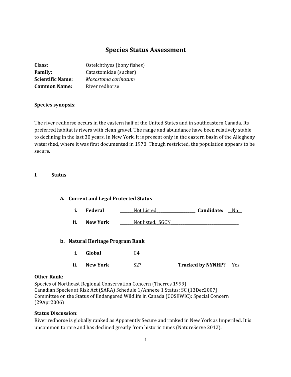 Species Assessment for River Redhorse