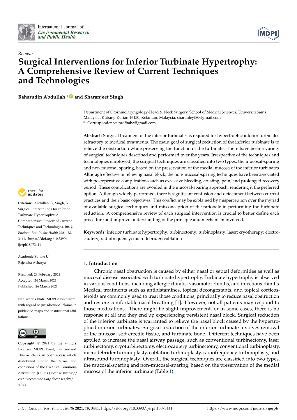 Surgical Interventions for Inferior Turbinate Hypertrophy: a Comprehensive Review of Current Techniques and Technologies