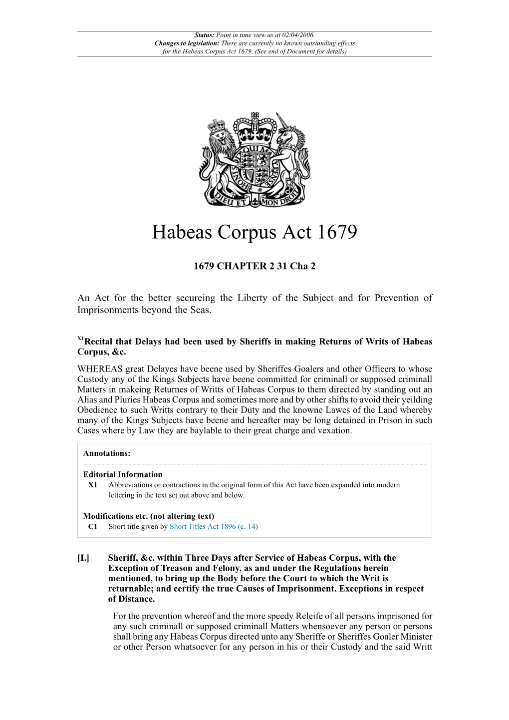 Habeas Corpus Act 1679