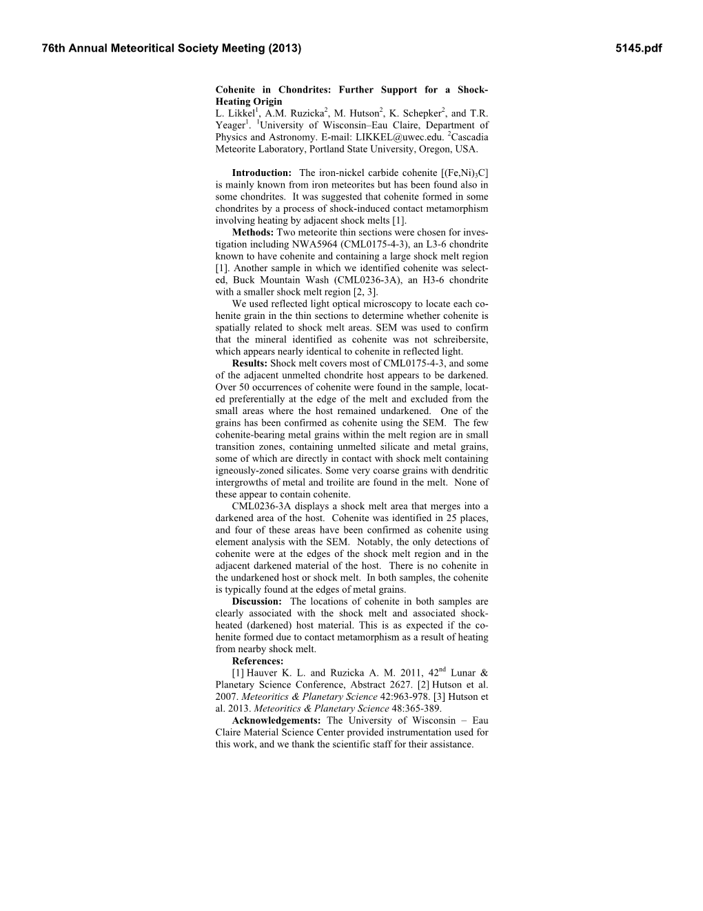 Cohenite in Chondrites: Further Support for a Shock- Heating Origin L