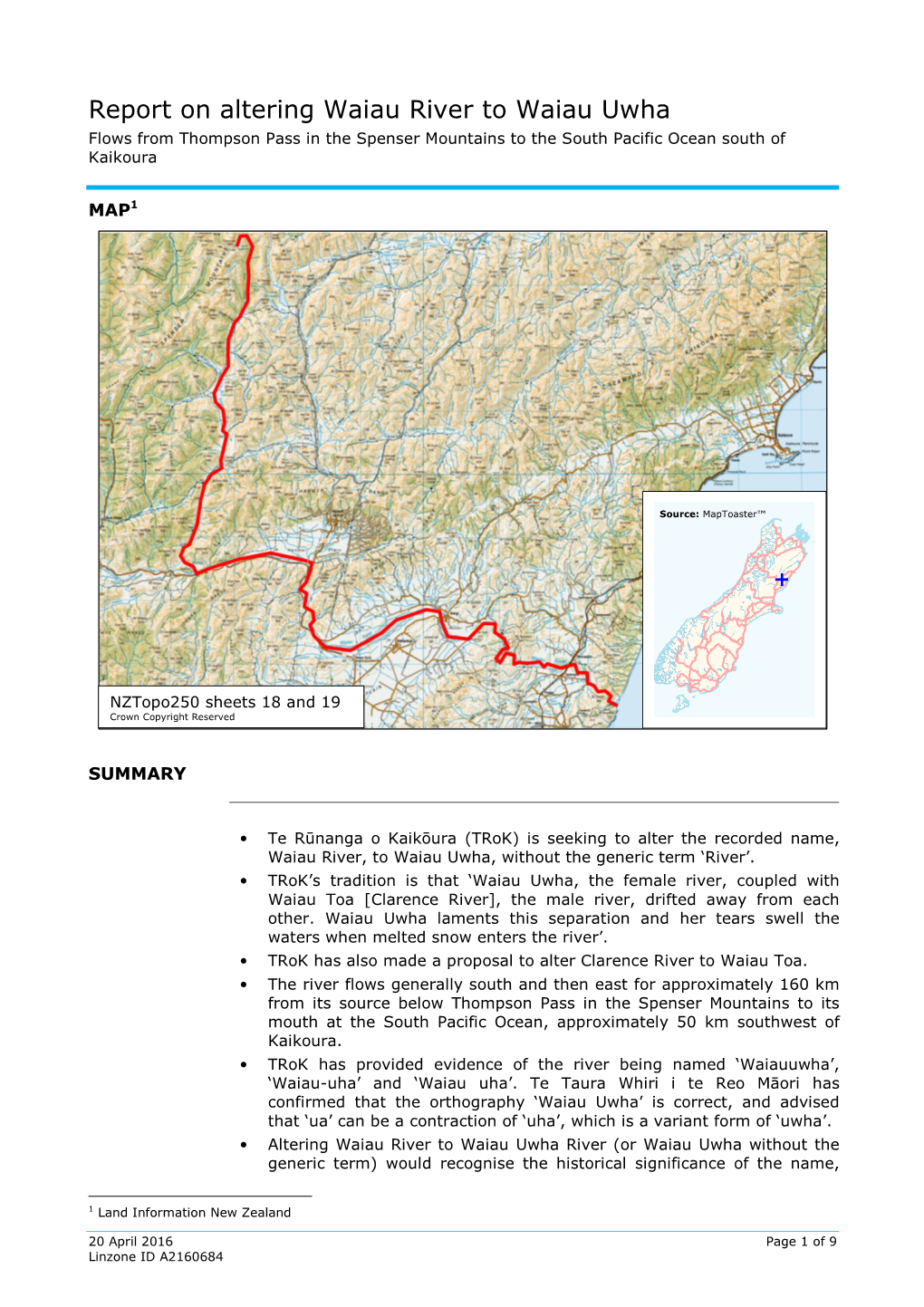 Report on Altering Waiau River to Waiau Uwha Flows from Thompson Pass in the Spenser Mountains to the South Pacific Ocean South of Kaikoura