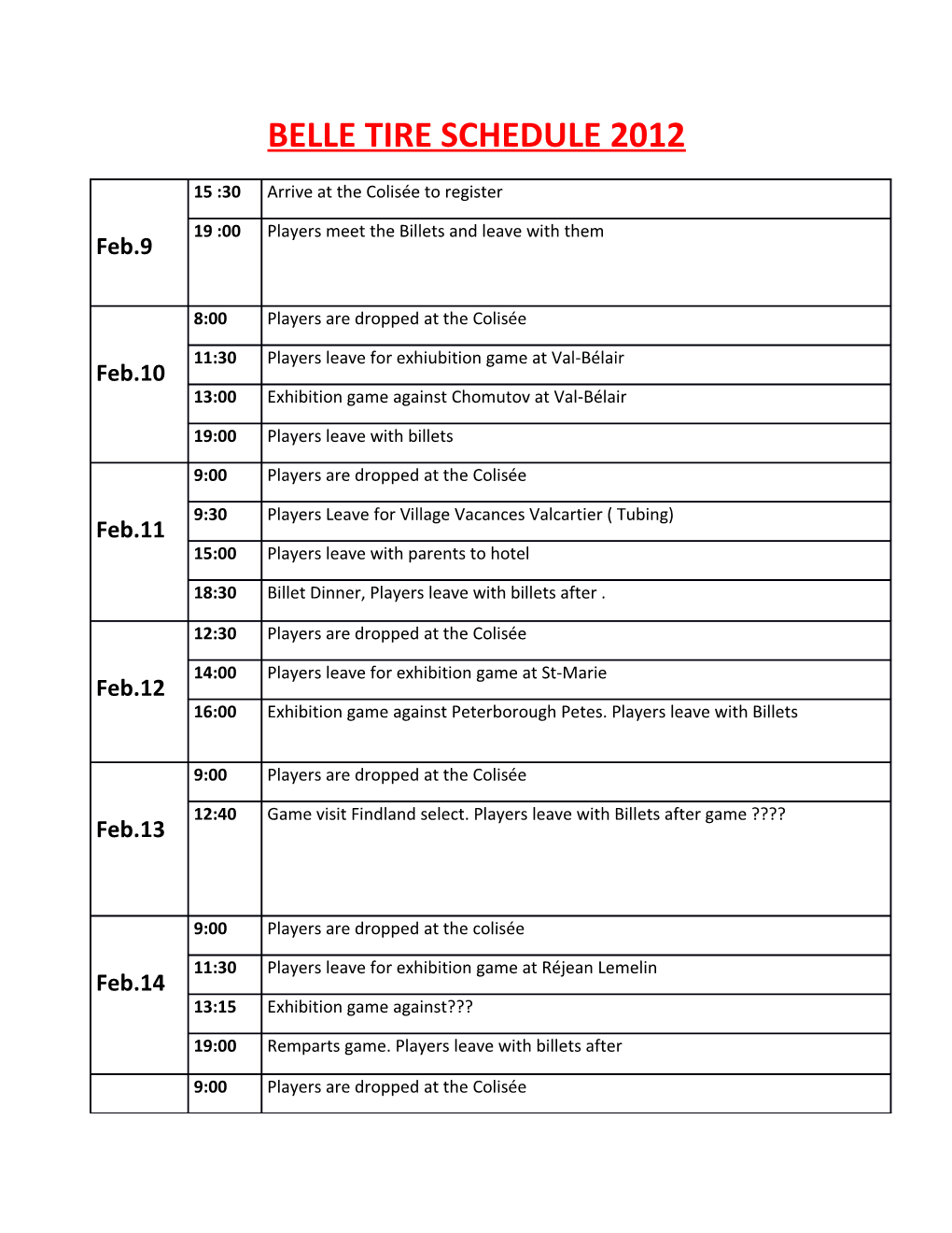 Belle Tire Schedule 2012