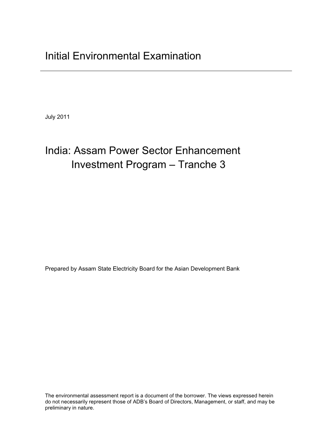 IEE: India: Assam Power Sector Enhancement Investment Program