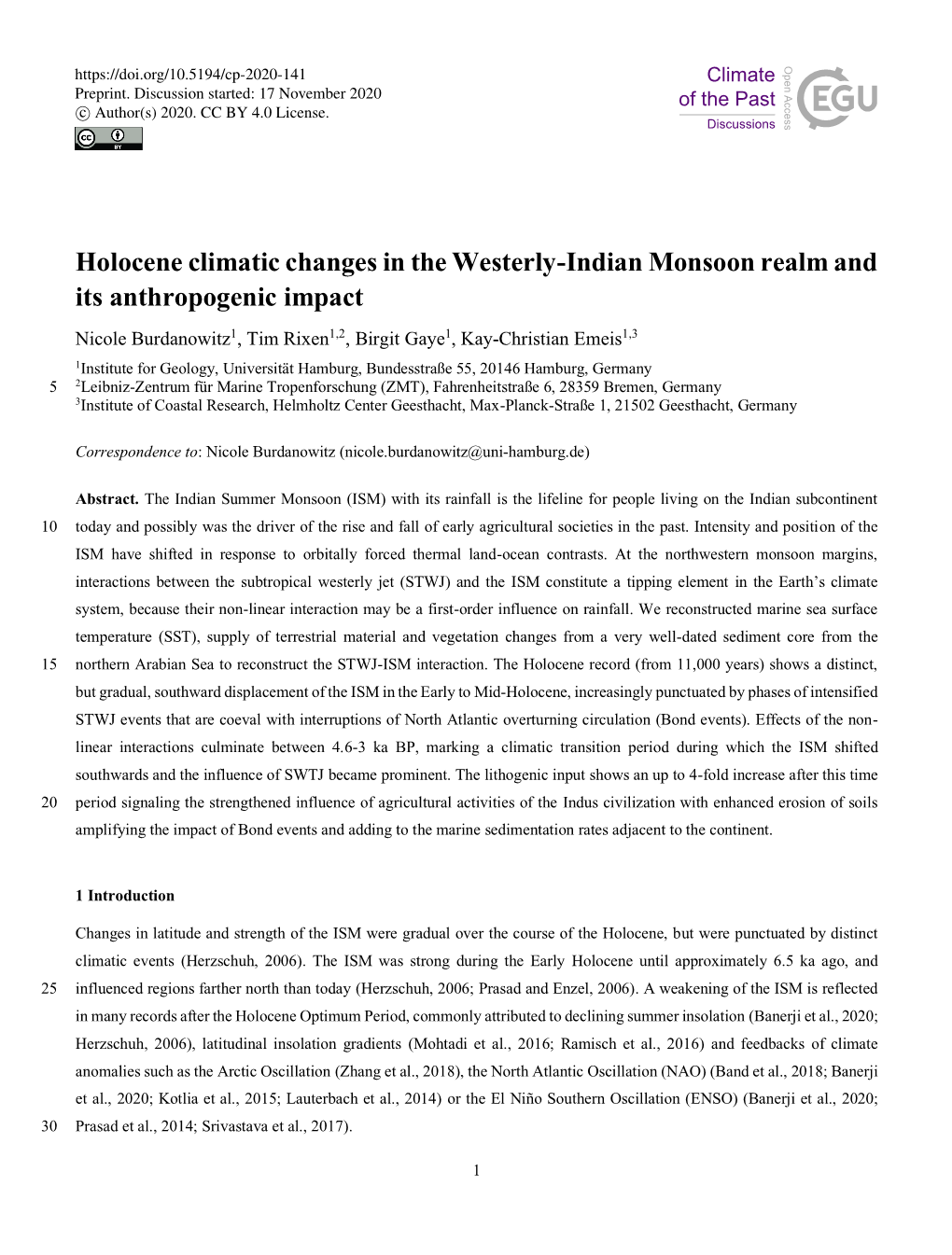 Holocene Climatic Changes in the Westerly-Indian Monsoon Realm