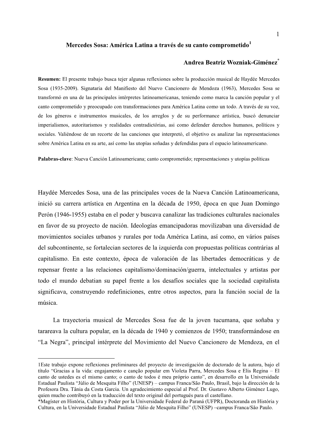 1 Mercedes Sosa: América Latina a Través De Su Canto Comprometido1