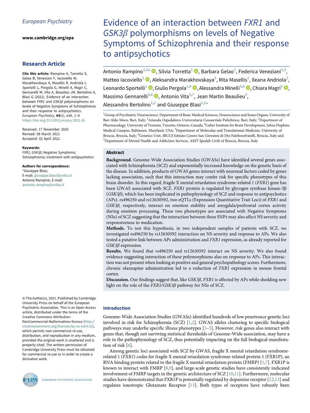 Evidence of an Interaction Between FXR1 and Gsk3β Polymorphisms