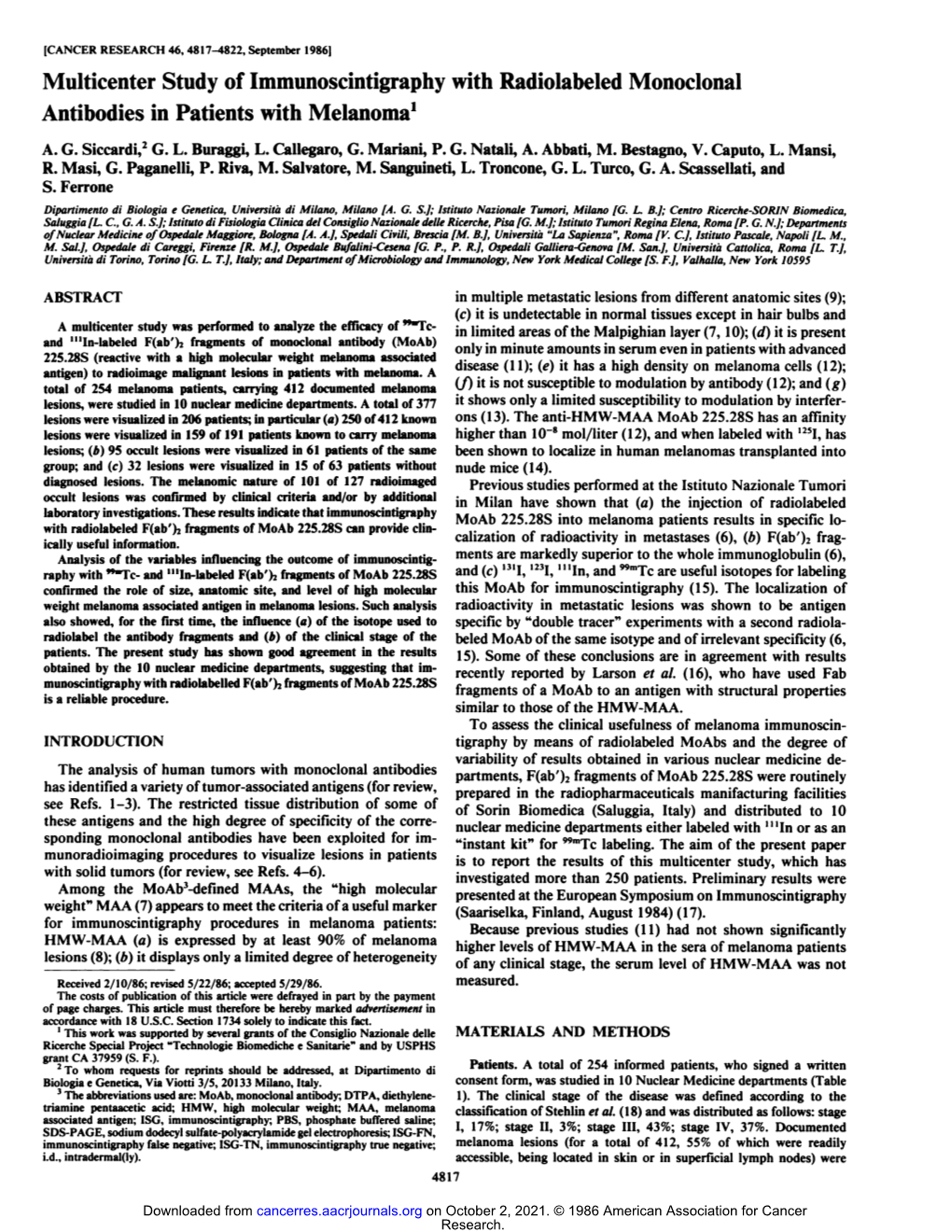 Multicenter Study of Immunoscintigraphy with Radiolabeled Monoclonal Antibodies in Patients with Melanoma1