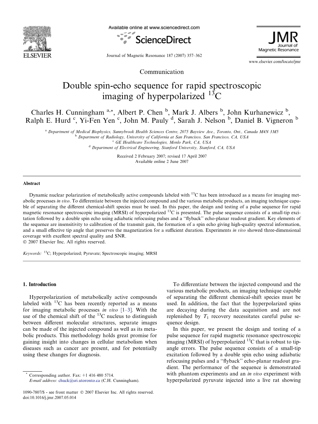 Double Spin-Echo Sequence for Rapid Spectroscopic Imaging of Hyperpolarized 13C