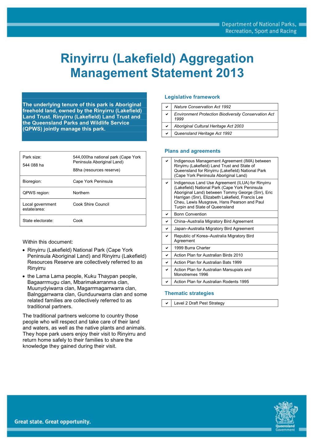 Rinyirru (Lakefield) Aggregation Management Statement 2013