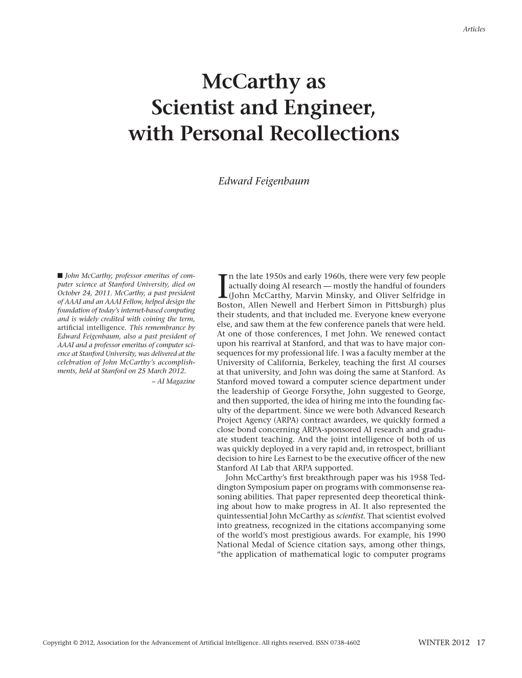 Mccarthy As Scientist and Engineer, with Personal Recollections