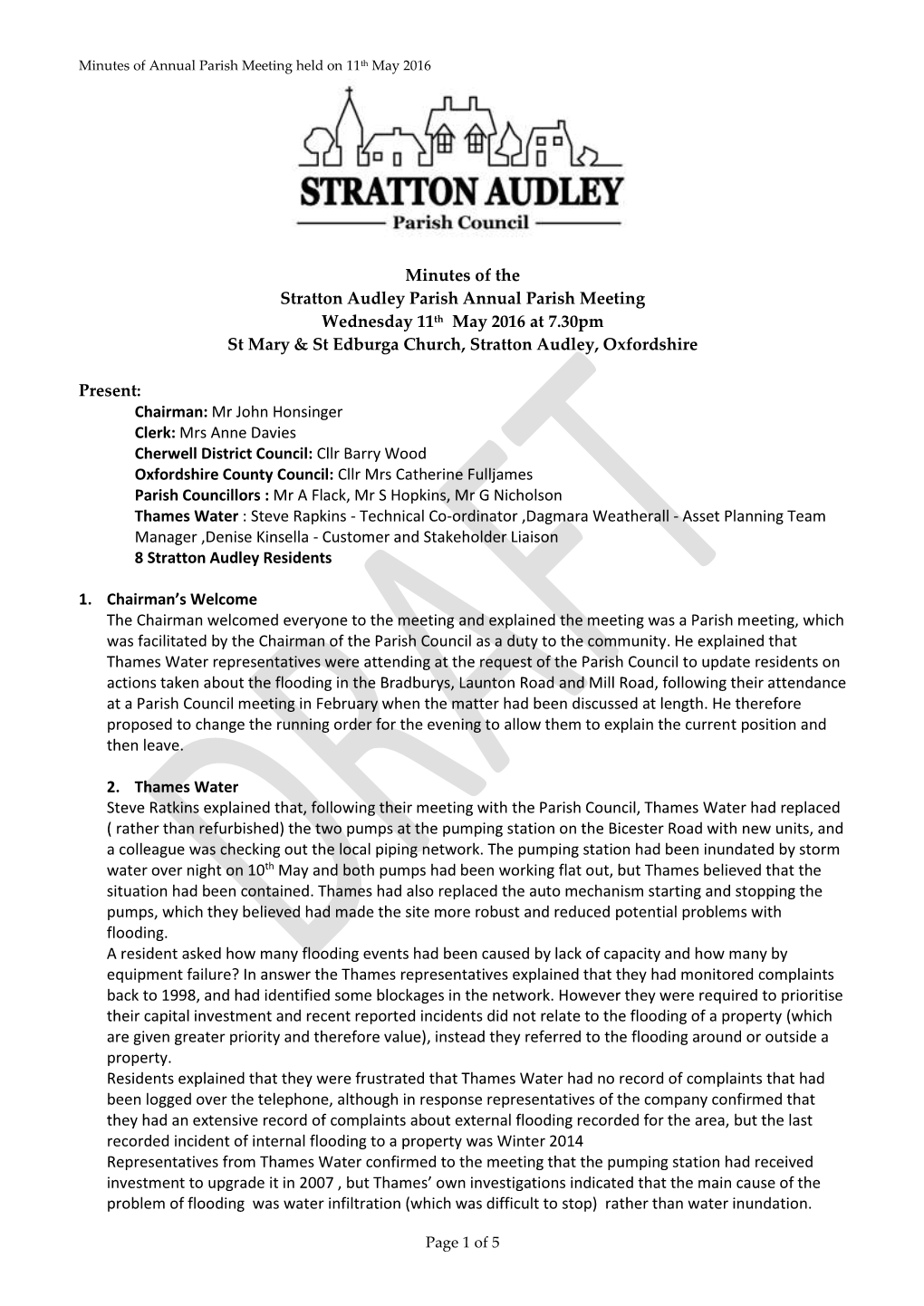 Minutes of the Stratton Audley Parish Annual Parish Meeting Wednesday 11Th May 2016 at 7.30Pm St Mary & St Edburga Church, S