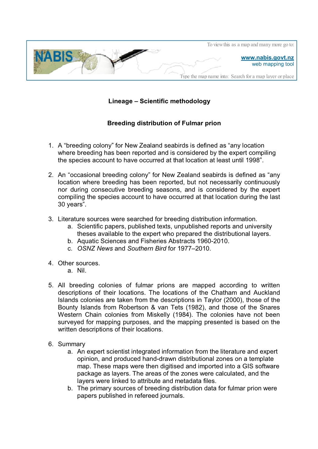 Breeding Colonies Distribution for Fulmar Prion Lineage.Docx