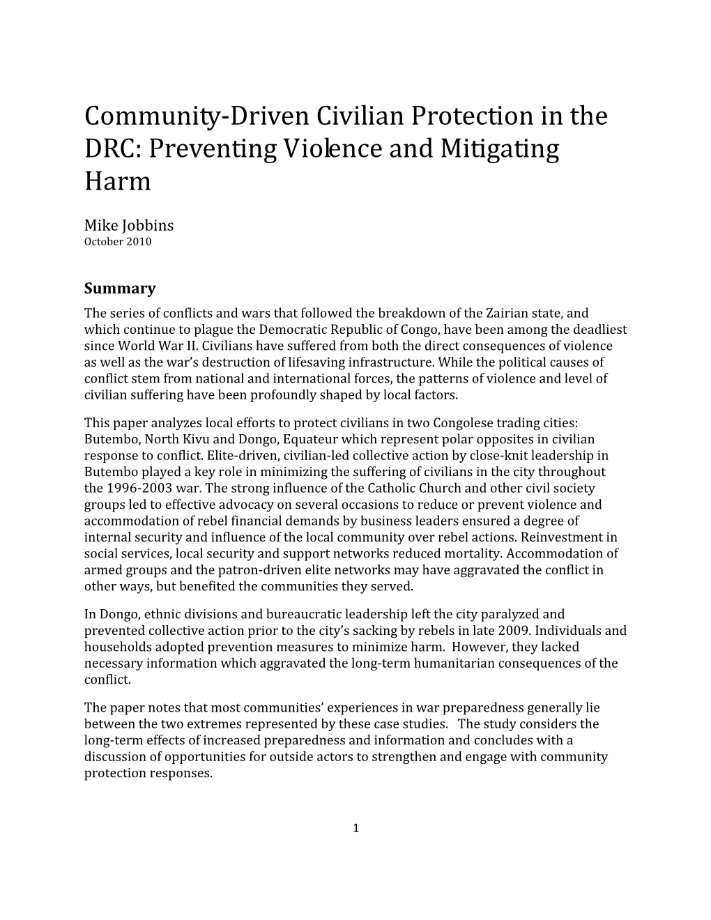 Community-Driven Civilian Protection in the DRC: Preventing Violence and Mitigating Harm