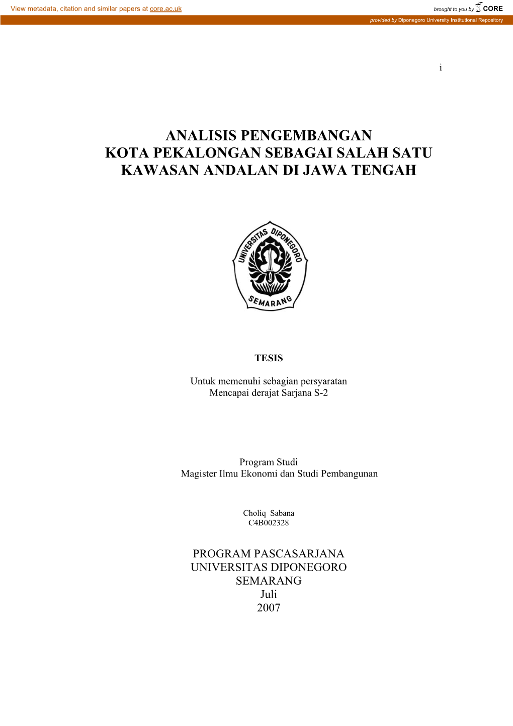 Analisis Pengembangan Kota Pekalongan Sebagai Salah Satu Kawasan Andalan Di Jawa Tengah