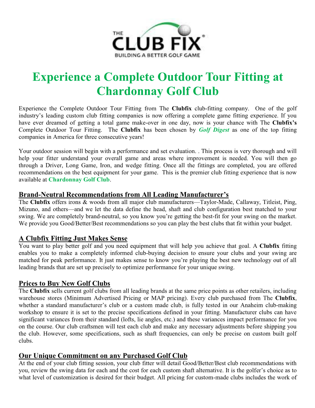 Experience a Complete Outdoor Tour Fitting at Chardonnay Golf Club