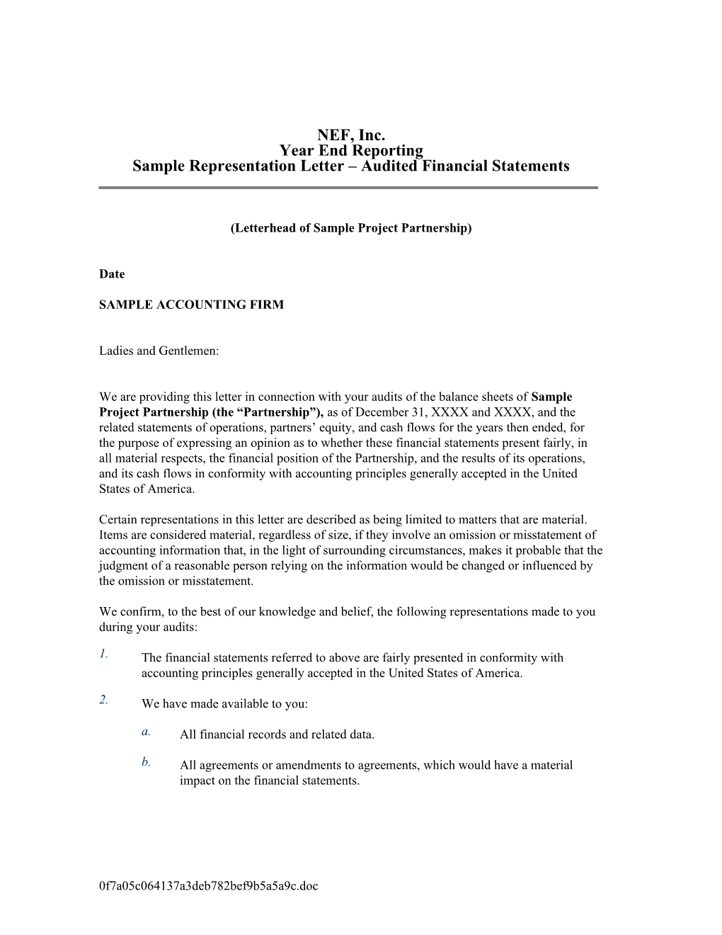 Sample Representation Letter Audited Financial Statements