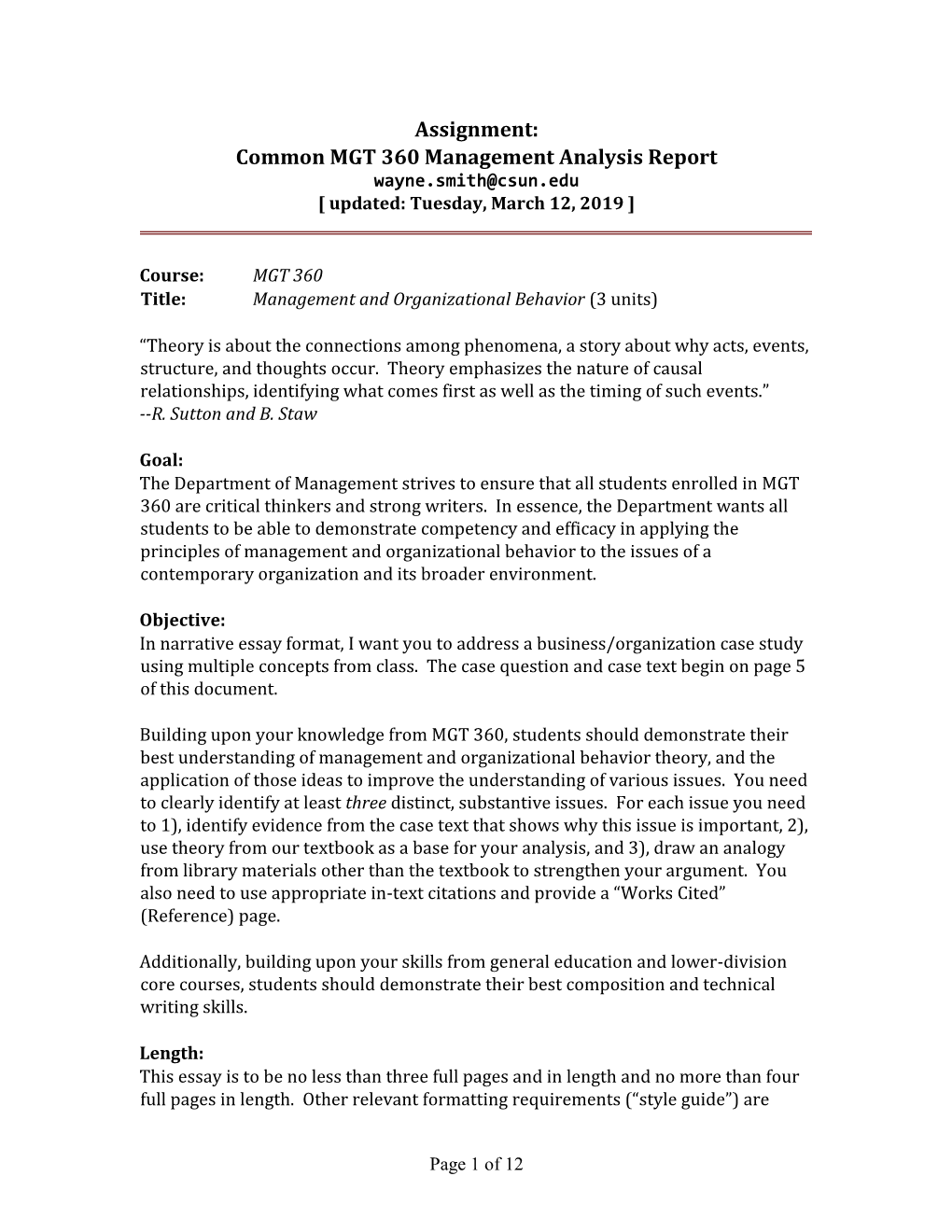 Assignment: Common MGT 360 Management Analysis Report Wayne.Smith@Csun.Edu [ Updated: Tuesday, March 12, 2019 ]