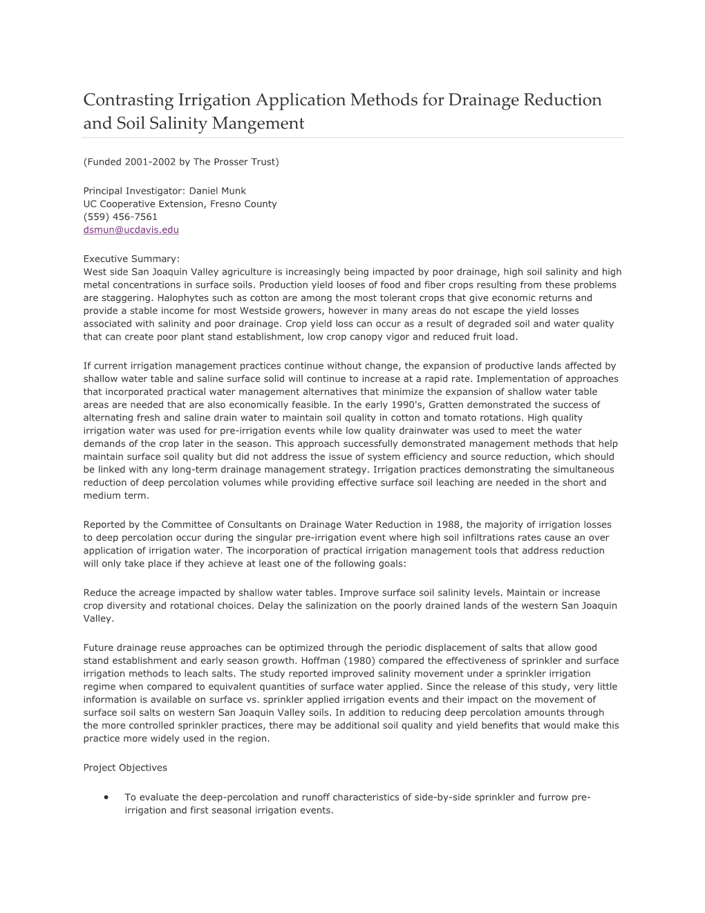 Contrasting Irrigation Application Methods for Drainage Reduction and Soil Salinity Mangement