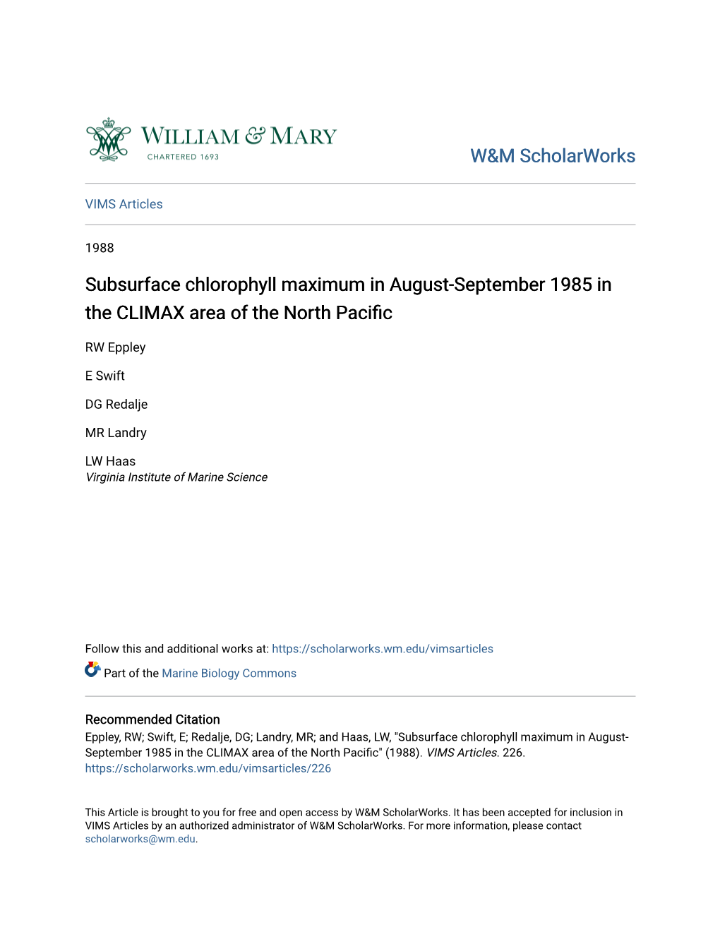 Subsurface Chlorophyll Maximum in August-September 1985 in the CLIMAX Area of the North Pacific