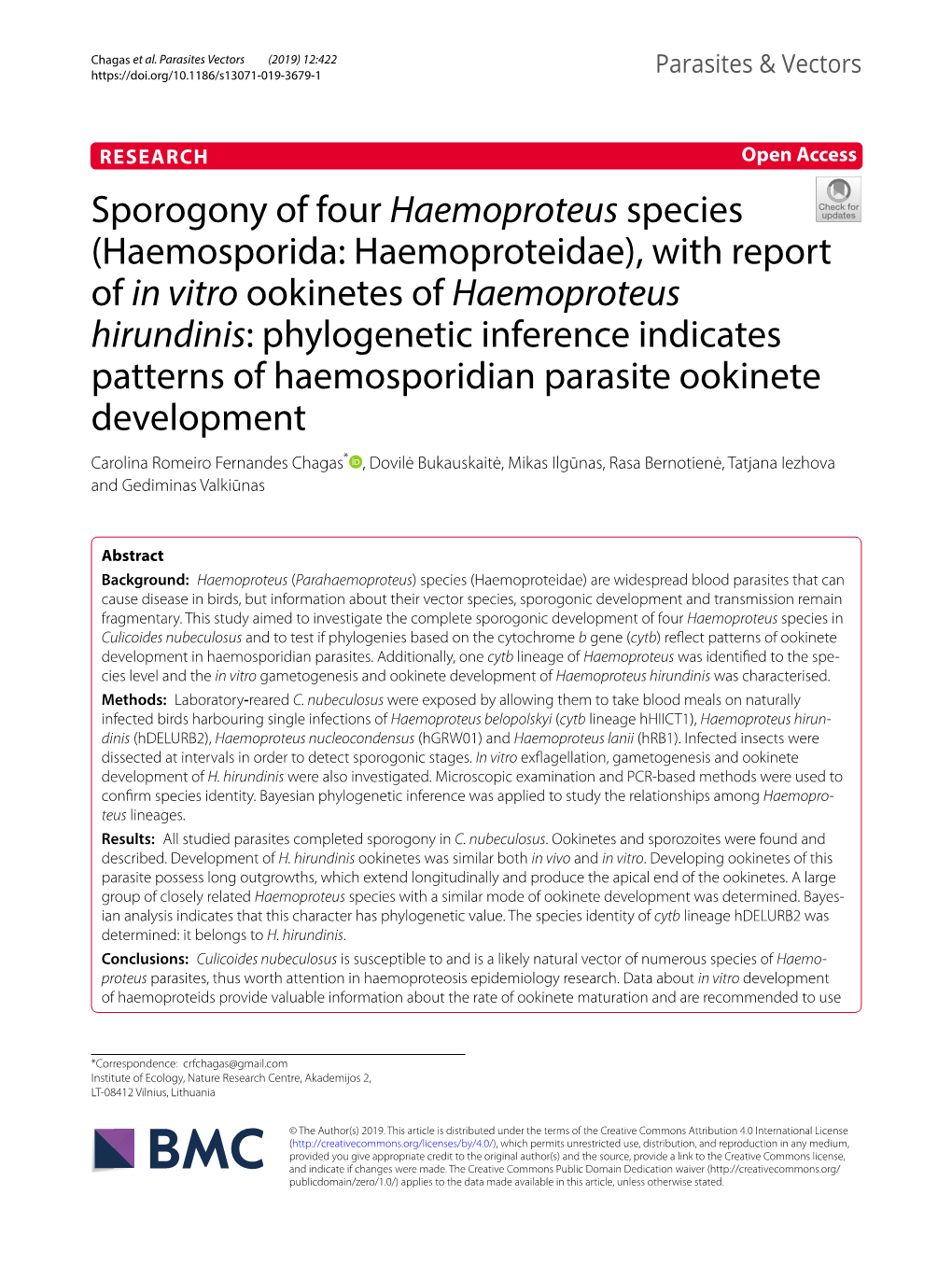 (Haemosporida: Haemoproteidae), with Report of in Vitro Ookinetes of Haemoproteus Hirundi