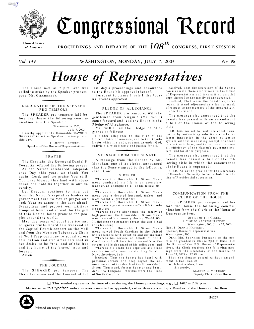 Congressional Record United States Th of America PROCEEDINGS and DEBATES of the 108 CONGRESS, FIRST SESSION