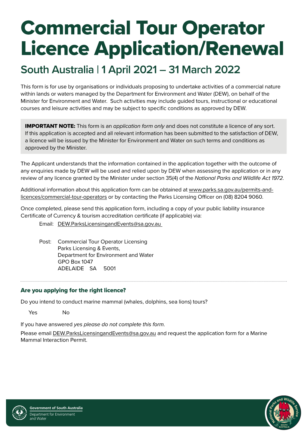 Commercial Tour Operator Licence Application/Renewal South Australia | 1 April 2021 – 31 March 2022