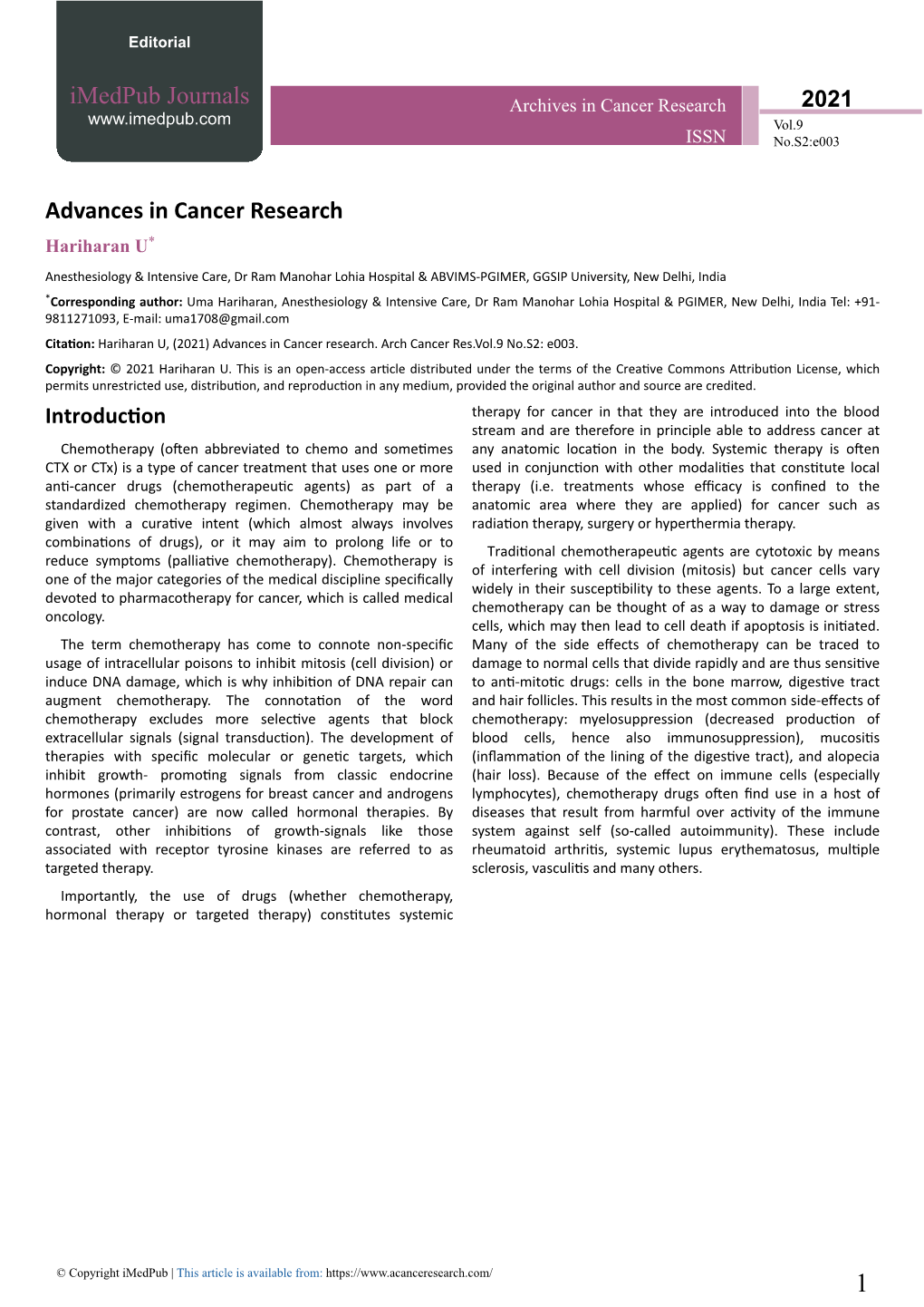 Advances in Cancer Research Hariharan U*