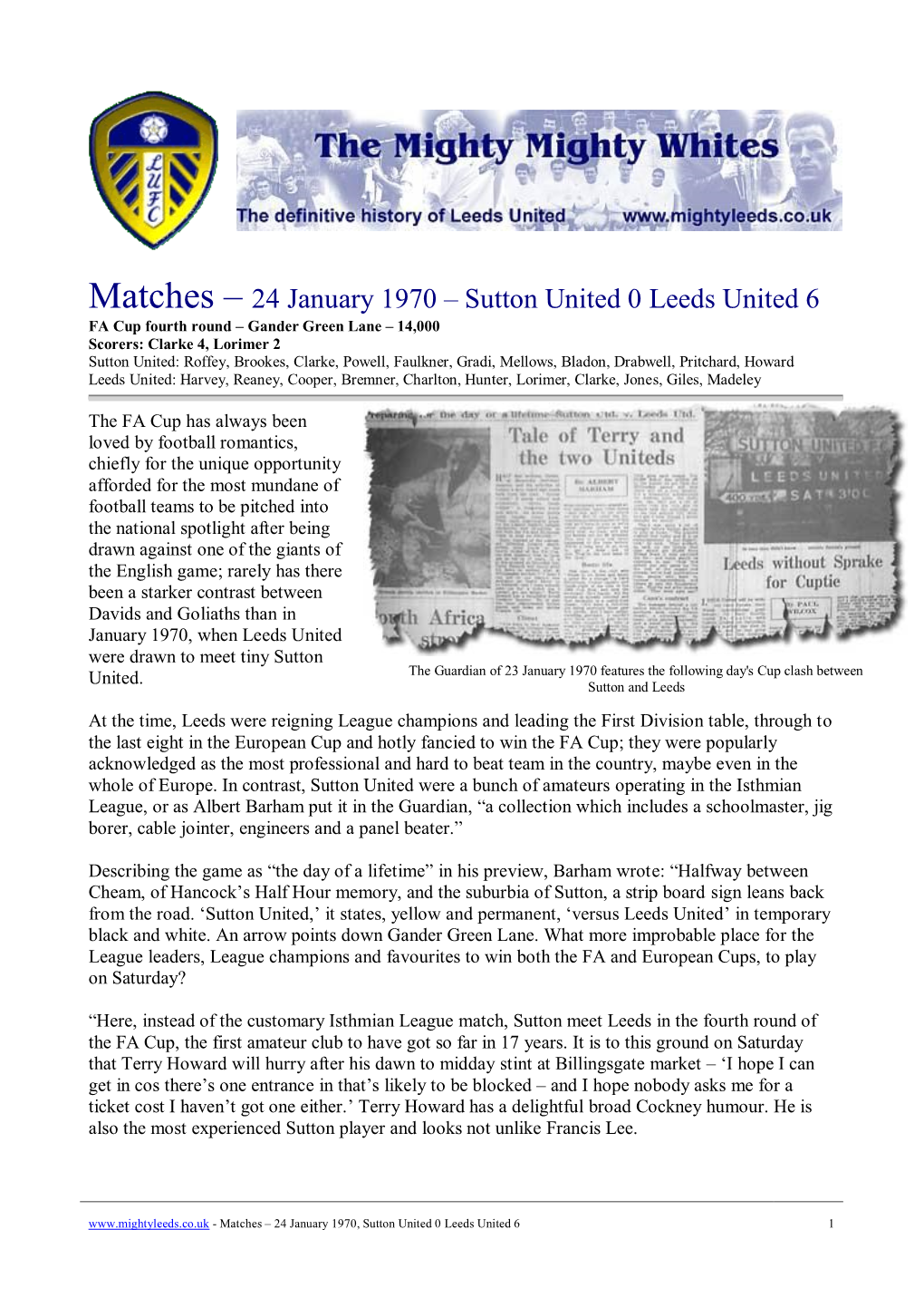 Matches – 24 January 1970 – Sutton United 0 Leeds United 6