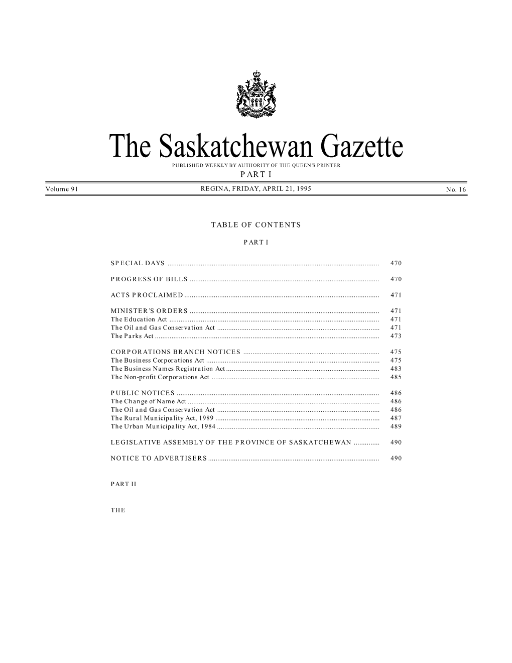 Sask Gazette, Part I, Apr 21, 1995