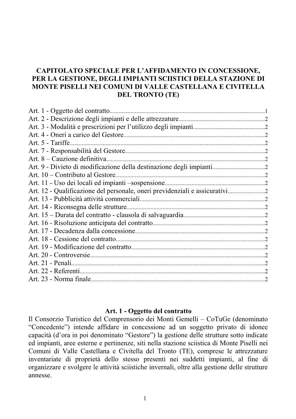 Capitolato Speciale Per L'affidamento In