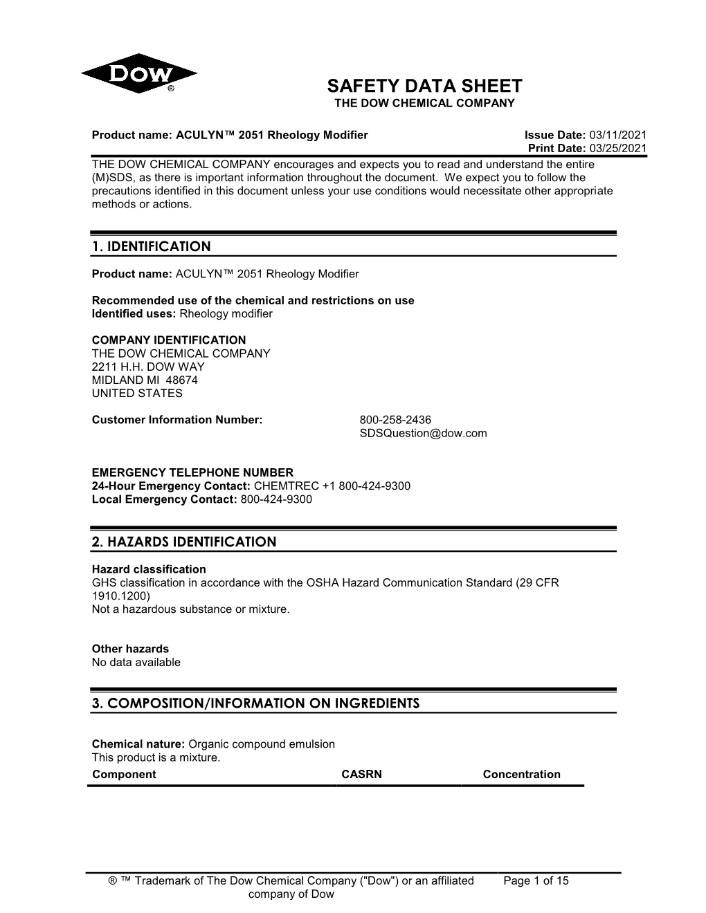 Safety Data Sheet the Dow Chemical Company