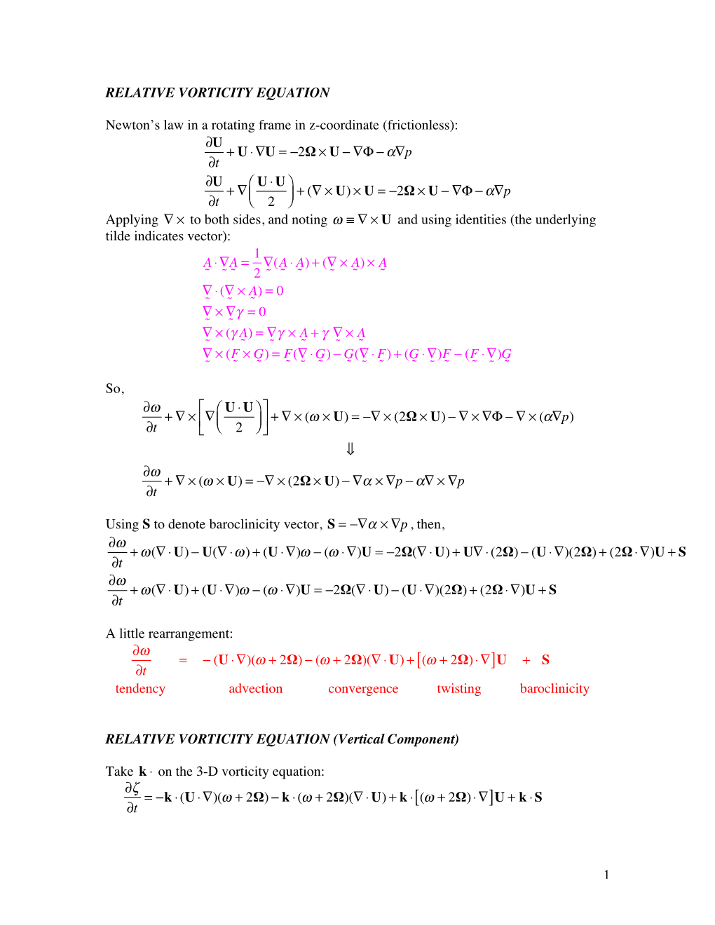 1 RELATIVE VORTICITY EQUATION Newton's Law in a Rotating Frame in Z-Coordinate