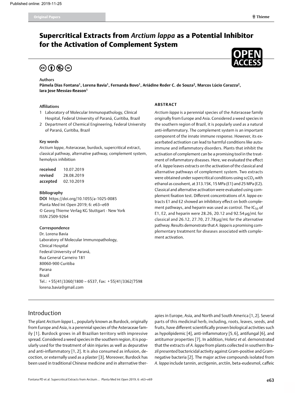 Supercritical Extracts from Arctium Lappa As a Potential Inhibitor for the Activation of Complement System