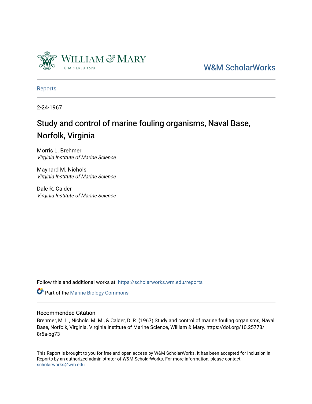 Study and Control of Marine Fouling Organisms, Naval Base, Norfolk, Virginia