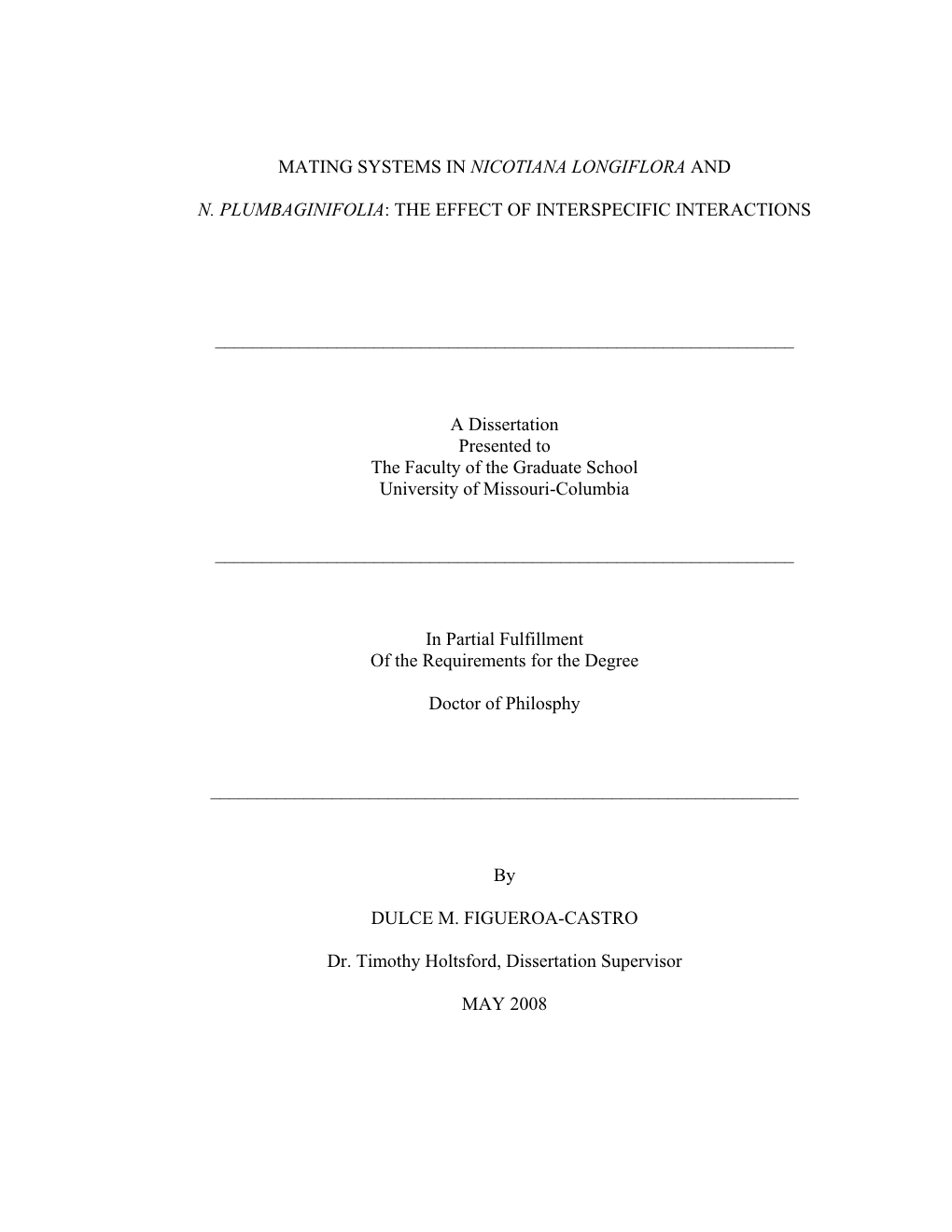 Plant Mating Systems in Nicotiana Longiflora and N