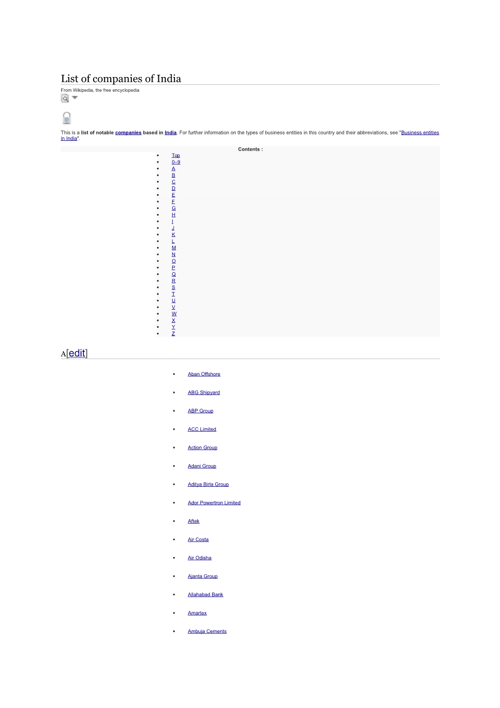 List of Companies of India A[Edit]