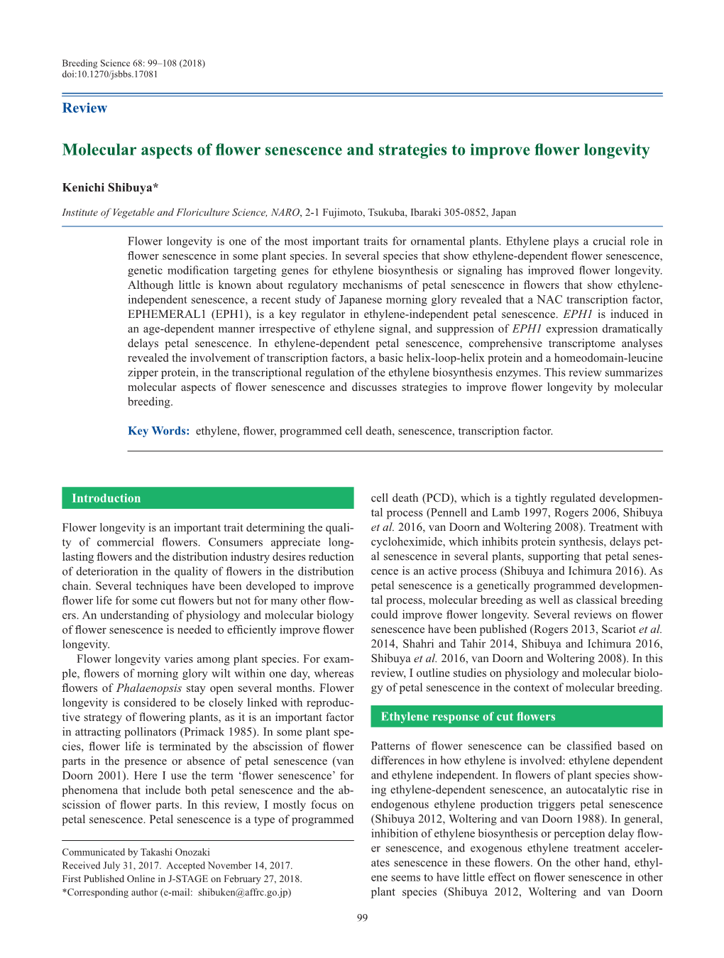 Molecular Aspects of Flower Senescence and Strategies to Improve Flower Longevity