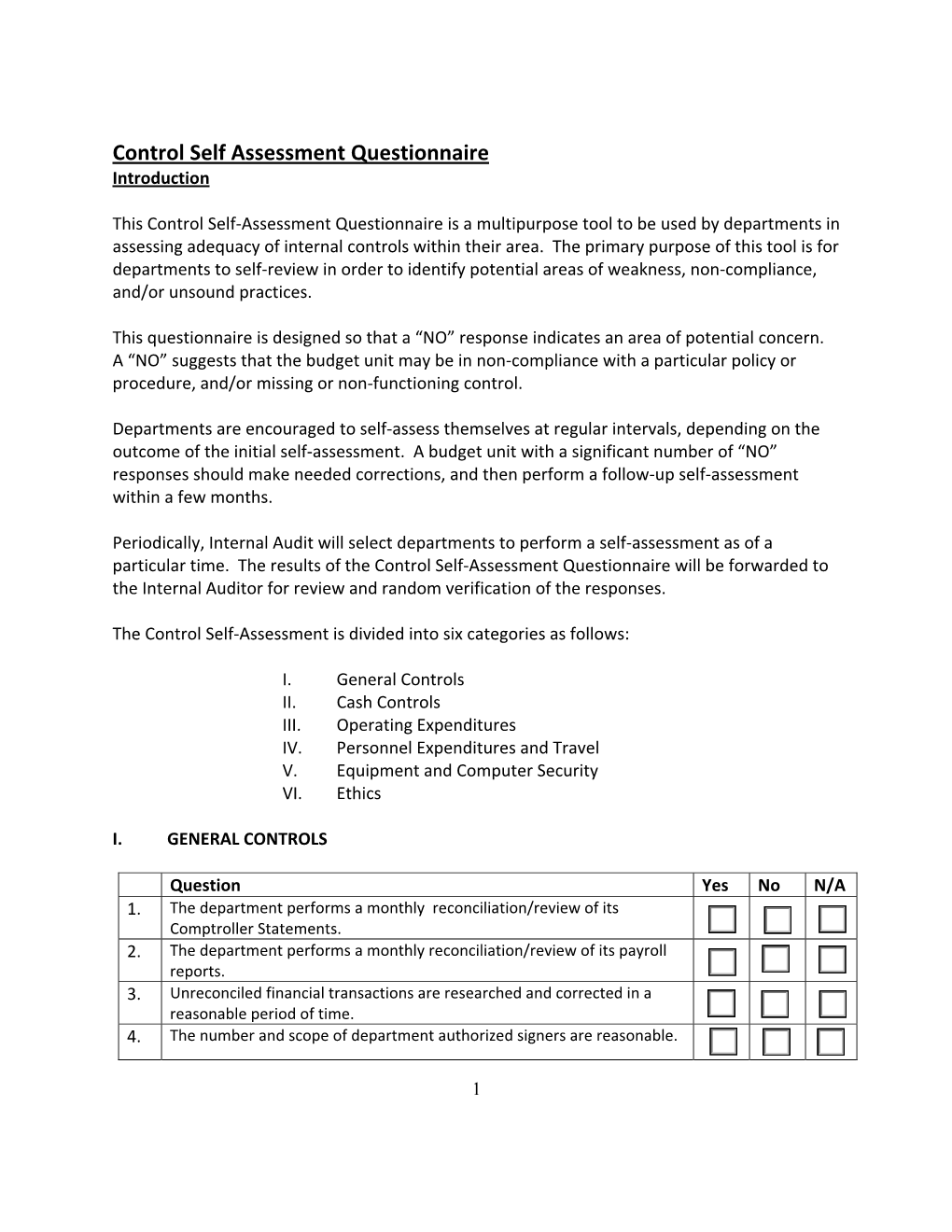 Internal Control Self Assessment Questionnaire