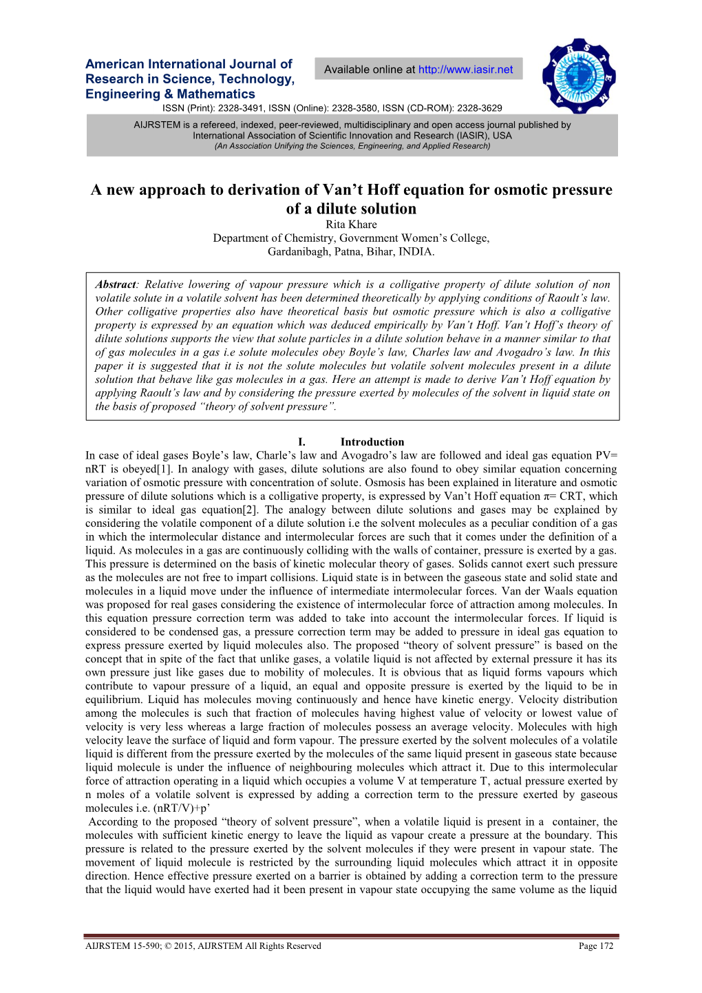 A New Approach to Derivation of Van't Hoff Equation for Osmotic Pressure of a Dilute Solution