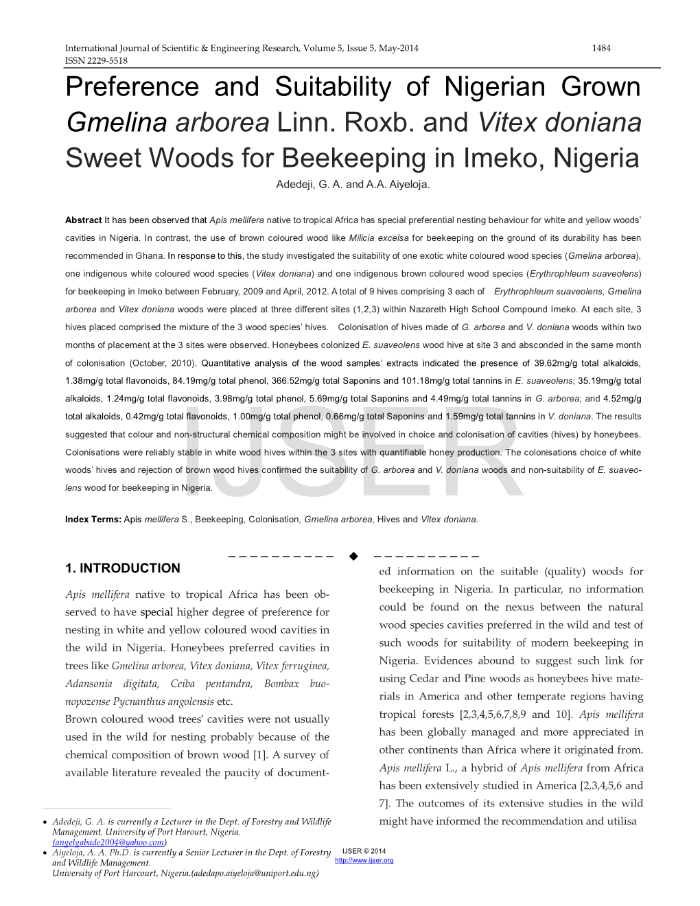 Preference and Suitability of Nigerian Grown Gmelina Arborea Linn. Roxb